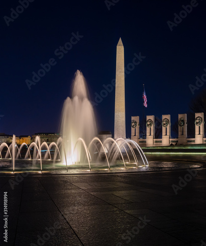 Washington Monument and World War II Memorial in Washington DC at Night