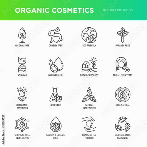 Organic cosmetics set of thin line icons for product packaging. Cruelty free, 0% alcohol, natural ingredients, paraben free, eco friendly, no mineral oil, non GMO. Modern vector illustration.