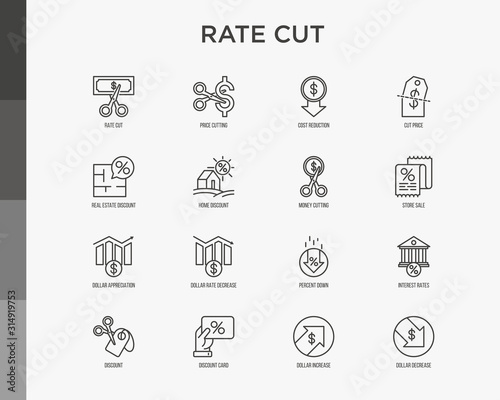 Rate cut thin line icon set: cutting price, cost reduction, sale, discount, receipt, loyalty card, interest. Modern vector illustration.