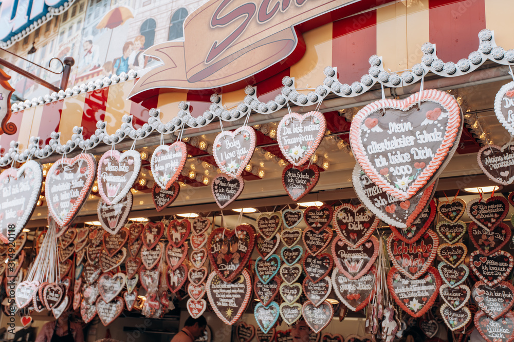 Gingerbread Hearts at the German Christmas Market. Traditional gingerbread with different