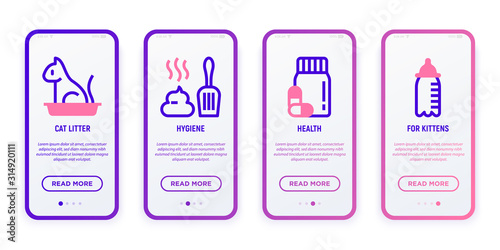 Mobile user interface for pet shop with thin line icons: cat litter box, scoop for poop, supplements, food for kittens. Modern vector illustration.