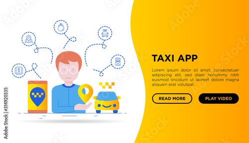 Man using taxi app. Web page template with thin line icons: payment method, promocode, app settings, info, support service, phone number, location, pointer, route, destination. Vector illustration.