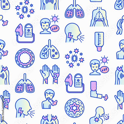 Asthma seamless pattern with thin line icons: allergen, dyspnea, cough, wheezing, chest pain, diaphragm, asthma attack, hives, sputum, peak flow meter, inhaler, nebulizer. Modern vector illustration.