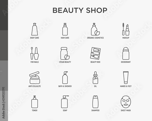 Beauty shop thin line icons set: skin care, cream, gel, organic cosmetics, make up, soap dispenser, nail care, beauty box, deodorant, face oil, scrub, shampoo, sheet mask. Modern vector illustration.