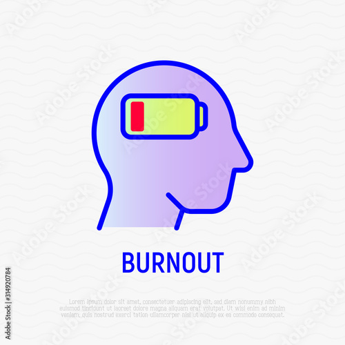 Burnout syndrome thin line icon: low battery in human head. Tiredness, fatigue, stress. Modern vector illustration.