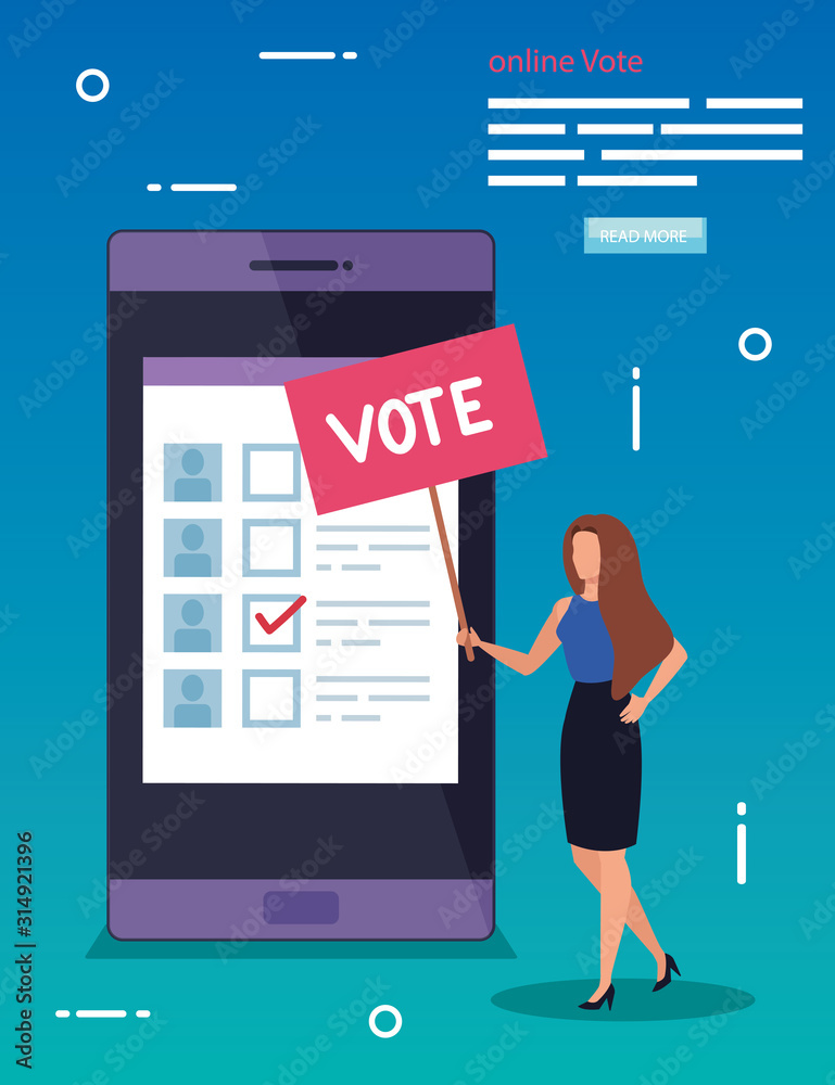 poster of online vote with smartphone and woman
