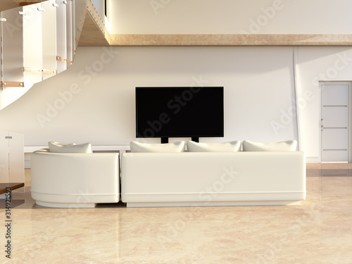 Living room interior with sofa  television and circular stairs. 3D rendering.