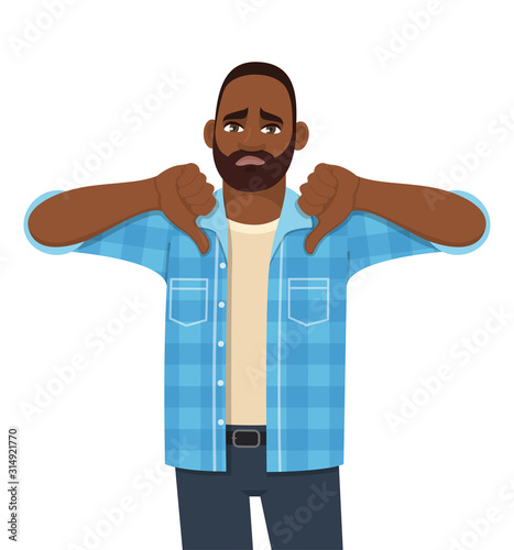 Frustrated young African man showing thumbs down sign. Trendy sad black person making dislike gesture. Male character design illustration. Human emotions & body language concept in vector cartoon.