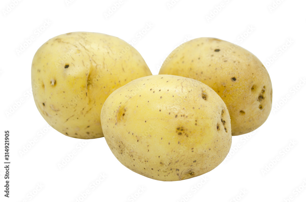 Potatoes tuber close up isolated on a white background. Vegetables, natural product. Potatoes tuber close up isolated on a white background. Vegetables, natural product.