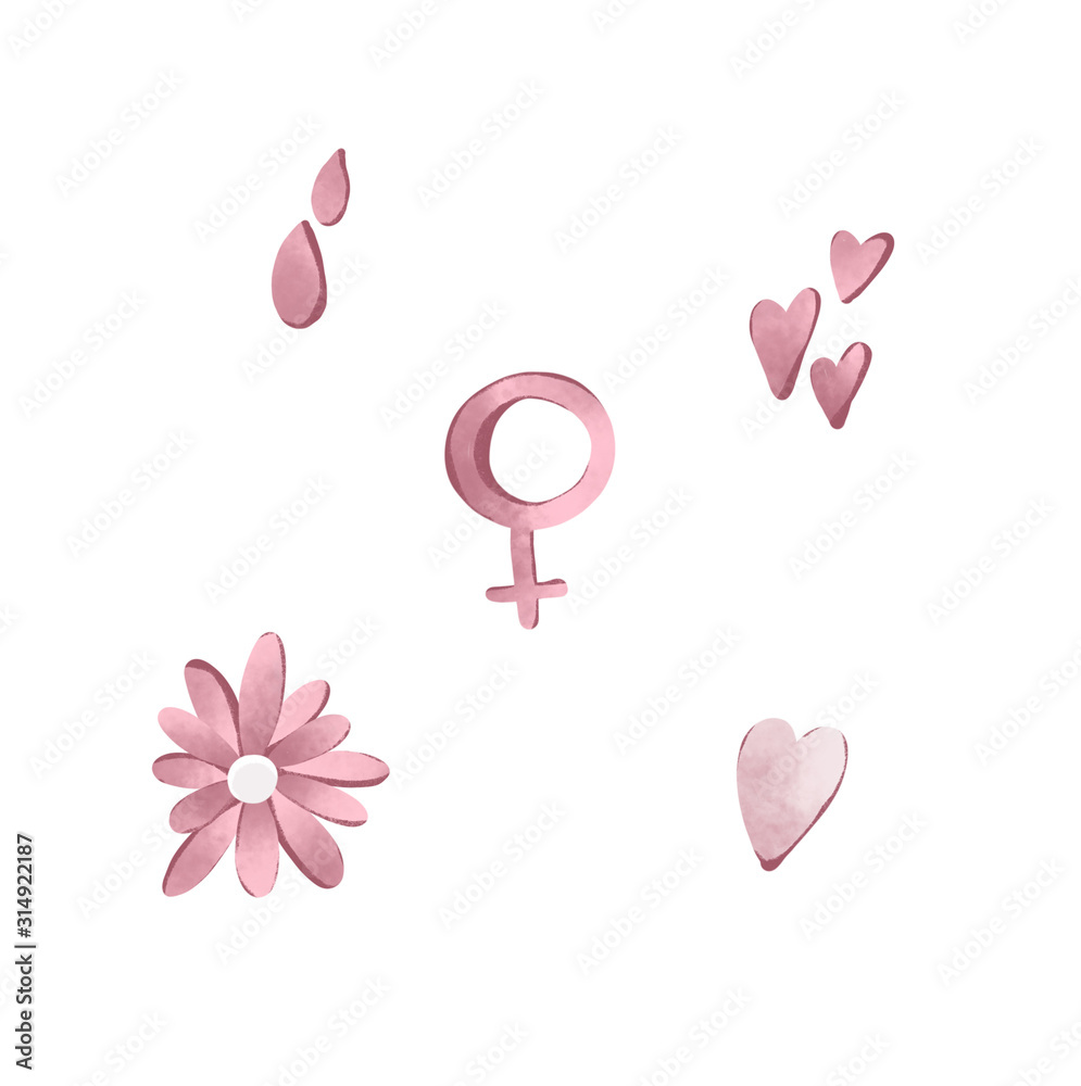 Obraz premium Digital illustration of a cute set of female symbol, flower, hearts, menstruation cycle drops. Print for stickers, icons, packaging isolate on a white background.