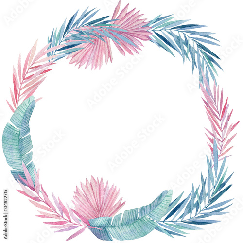 Watercolor wreath of pink and blue tropical leaves. Hand painted frame with Jungle, botanical watercolor illustrations, floral elements, palm leaves, fern and others.