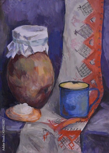An earthenware jug and a mug of cheesecake. Still life gouache
