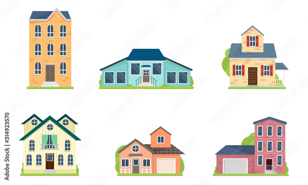 Set of houses and buildings facades vector illustration