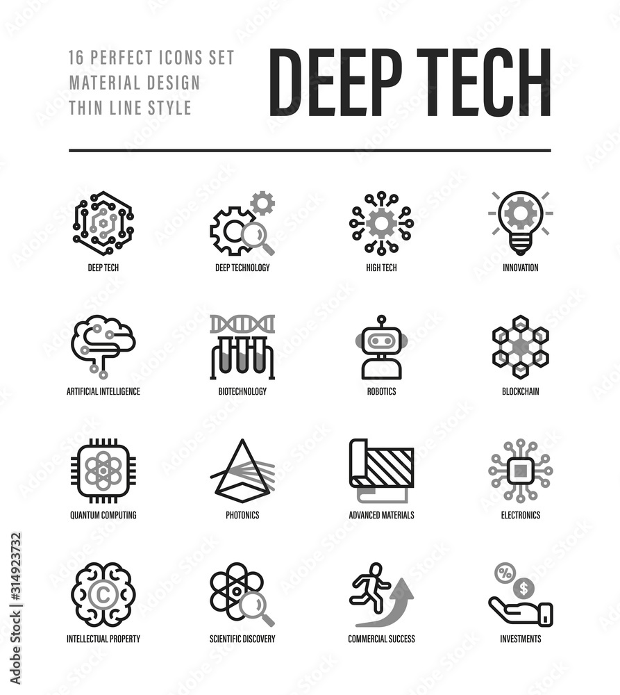 Deep tech thin line icons set. Symbols of ai, innovation, intellectual property, scientific discovery, investment,  quantum computing, photonics, blockchain, robotics. Vector illustration.
