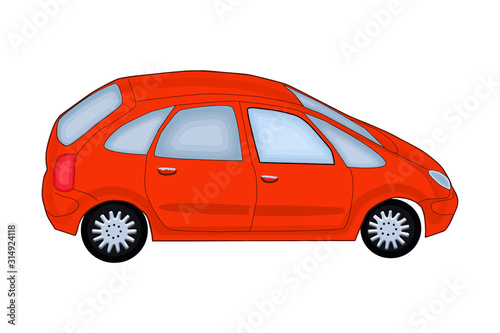 Red car isolated on white background. Side view, flat style red car. Red realistic sedan. Transport vehicle. For web site, mobile application and Car sharing or rental advertising banner. Stock vector