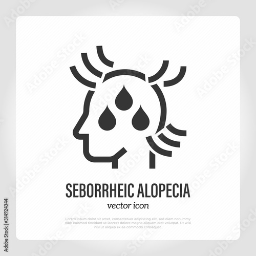 Seborrheic alopecia thin line icon. Hair loss. Bald place on scalp with drops. Vector illustration.