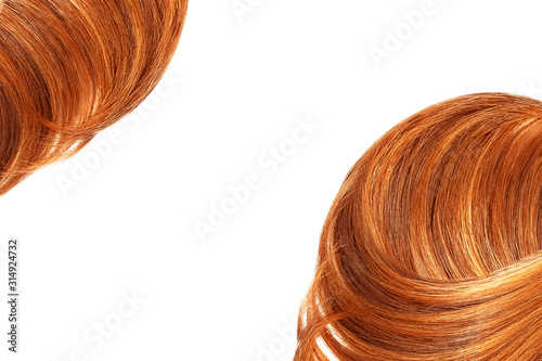 Red hair over white as background  isolated . Copy space