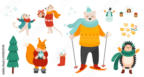 Winter holiday symbols bundle. Christmas celebration vector illustrations set. Cute animals isolated characters on white background.
