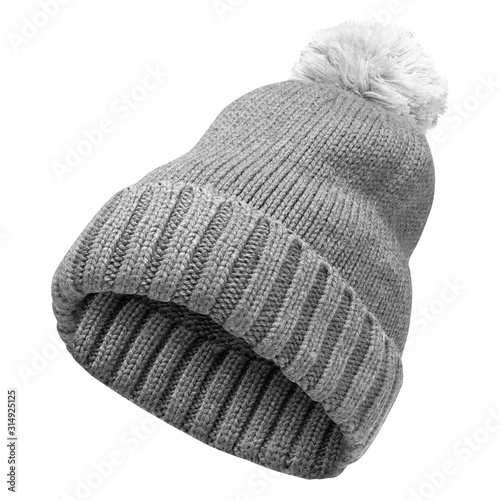 Canvastavla Winter gray woolen hat with a pompom isolated on a white background