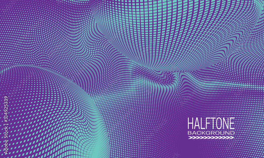 Halftone background design with blue purple curved space abstraction. Monochrome printing raster of editable colors. Halftone background design with blue purple curved space abstraction. Monochrome printing raster of editable colors.