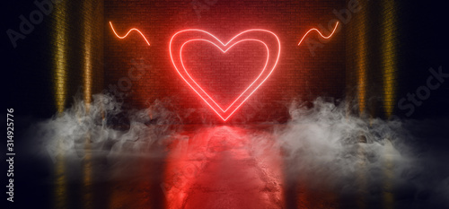 Smoke Sci Fi Futuristic Valentine Neon Laser Orange Red Glowing Heart Love Sign On Brick Wall Concrete Grunge Floor Club Stage Night Dance Catwalk Vibrant Cyber 3D Rendering