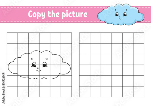 Funny cloud. Copy the picture. Coloring book pages for kids. Education developing worksheet. Game for children. Handwriting practice. Funny character. Cute cartoon vector illustration.