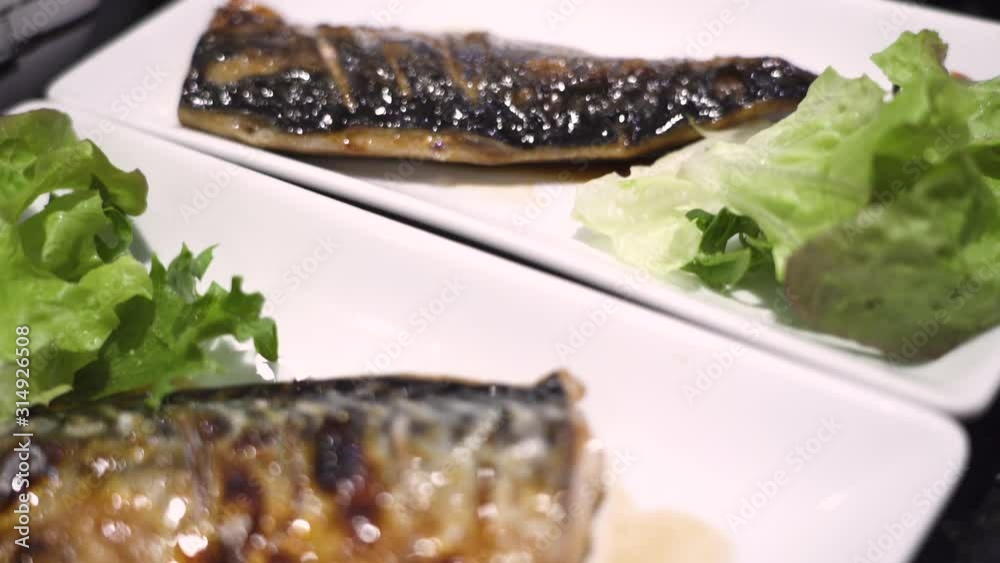 4k close up grilled tuna fish, Japanese recipe menu, lunch time, Asian cuisine, nutrition diet, omega 3, fluorescent light, green vegetable, meal course dinner, quality ingredient, panning up movement 4k close up grilled tuna fish, Japanese recipe menu, lunch time, Asian cuisine, nutrition diet, omega 3, fluorescent light, green vegetable, meal course dinner, quality ingredient, panning up movement