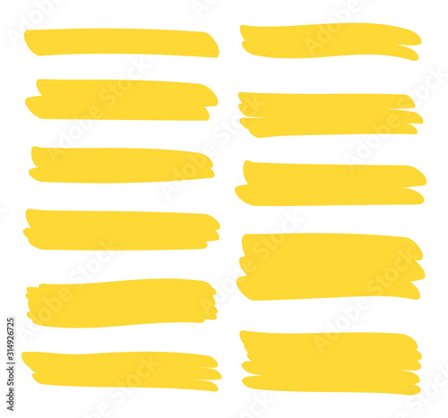 Set different yellow highlighter marker strokes. Brush pen underline lines. Vector illustration