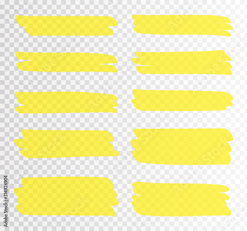 Set different yellow highlighter marker strokes. Brush pen underline lines. Vector illustration