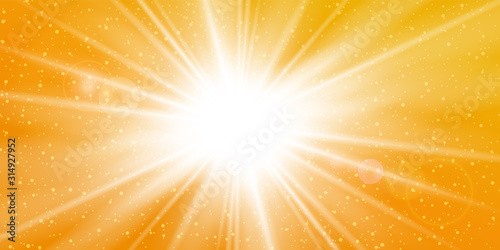 Rays yellow background. Gold sunny sky. Heat sunburs, hot weather. Sunshine orange sky. White warm sunlight. Bright golden solar sunrise, summer template. Lens optic effect. Vector illustration