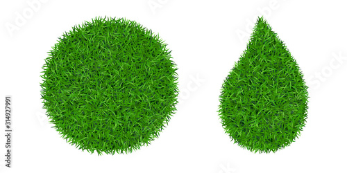 Green grass 3D set. Green round ball, drop isolated white background. Eco globe sphere, nature circle planet. Clean ecology environment concept. Clear field. Droplet decoration. Vector illustration