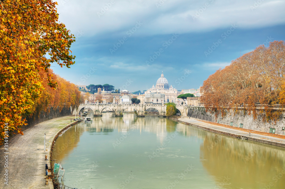 Rome overview with the Papal Basilica of St. Peter in the Vatican city