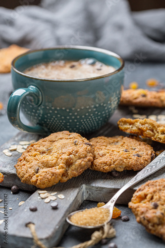 Homemade oatmeal cookies with raisins and chocolate.