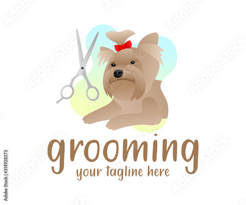 Grooming, dog with hairdressing scissors, illustration and logo design. Hairdresser for dogs, animals and pets, vector design