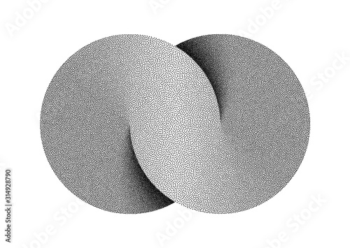 Stippled Infinity sign made of two combined disks. Textured Limitless symbol. Vector illustration.