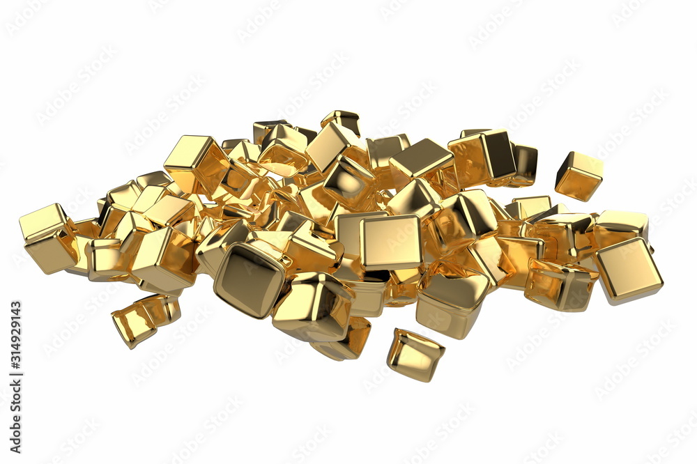 large pile of gold bars in the shape of boxes, 3D illustration isolated on white background. Conceptual depiction of success, wealth, and prosperity