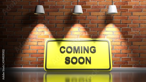 COOMING SOON yellow sign board at red bricks wall - 3D rendering illustration photo