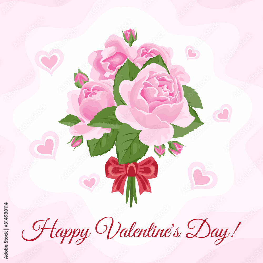 Bouquet of pink roses with red bow and hearts on light background. Happy Valentine's Day greeting card, banner. Vector holiday illustration in cartoon flat style.