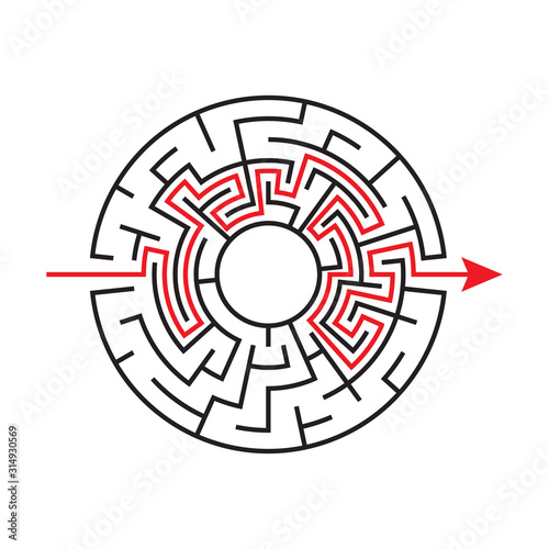 Circular Maze. Puzzle Game labyrinth. with the path marked by the red line. Vector illustration.