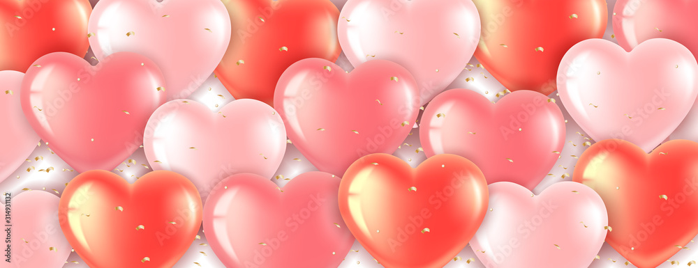 Horizontal banner with pink and taped balloons in the shape of a heart on a light background. Balloons fly from the bottom up. Romantic illustration for Valentine s Day and International Women s Day
