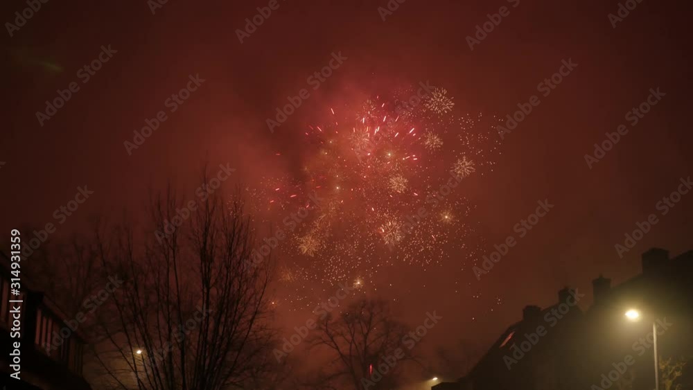 Fireworks during new years eve with house roofs and trees Fireworks during new years eve with house roofs and trees