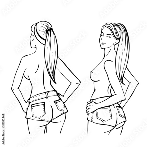 Sketch Sexy woman posing naked. Hand drawn topless Girl with long hair.