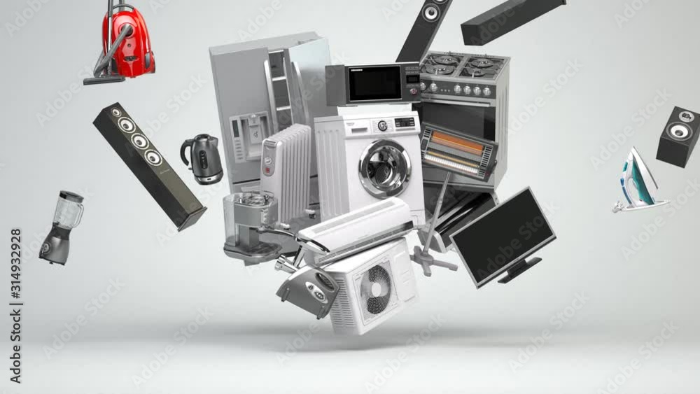 Household domestic appliances in the form of heart. Online purchasing concept. Loopable 3d animation video