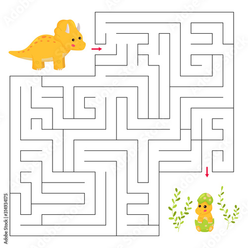Help the triceratop find path to baby dinosaur. Maze game for kids. Funny labyrinth. Vector cartoon kawaii characters.