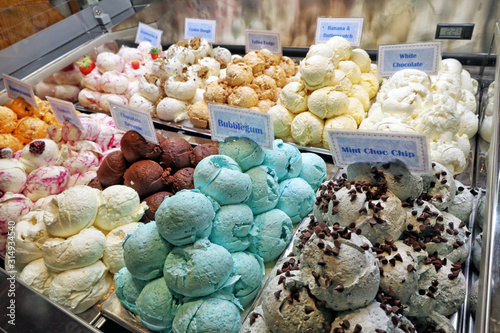 Assortment of ice cream flavours in a shop