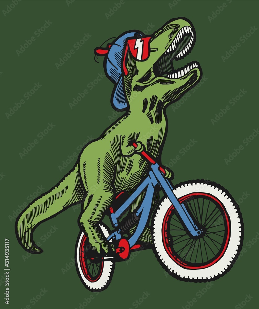 T-rex riding bicycle - funny dinosaur character vector illustration.