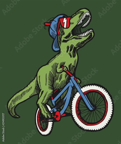 T-rex riding bicycle - funny dinosaur character vector illustration.