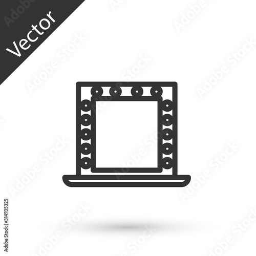Grey line Makeup mirror with lights icon isolated on white background. Vector Illustration