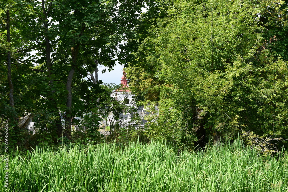 Budynek za drzewami nad rzeką w pogodny letni dzień. Budynek za drzewami nad rzeką w pogodny letni dzień.