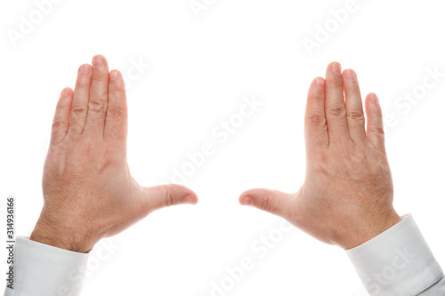 Man hands gesture isolated on white background. White shirt, business style.